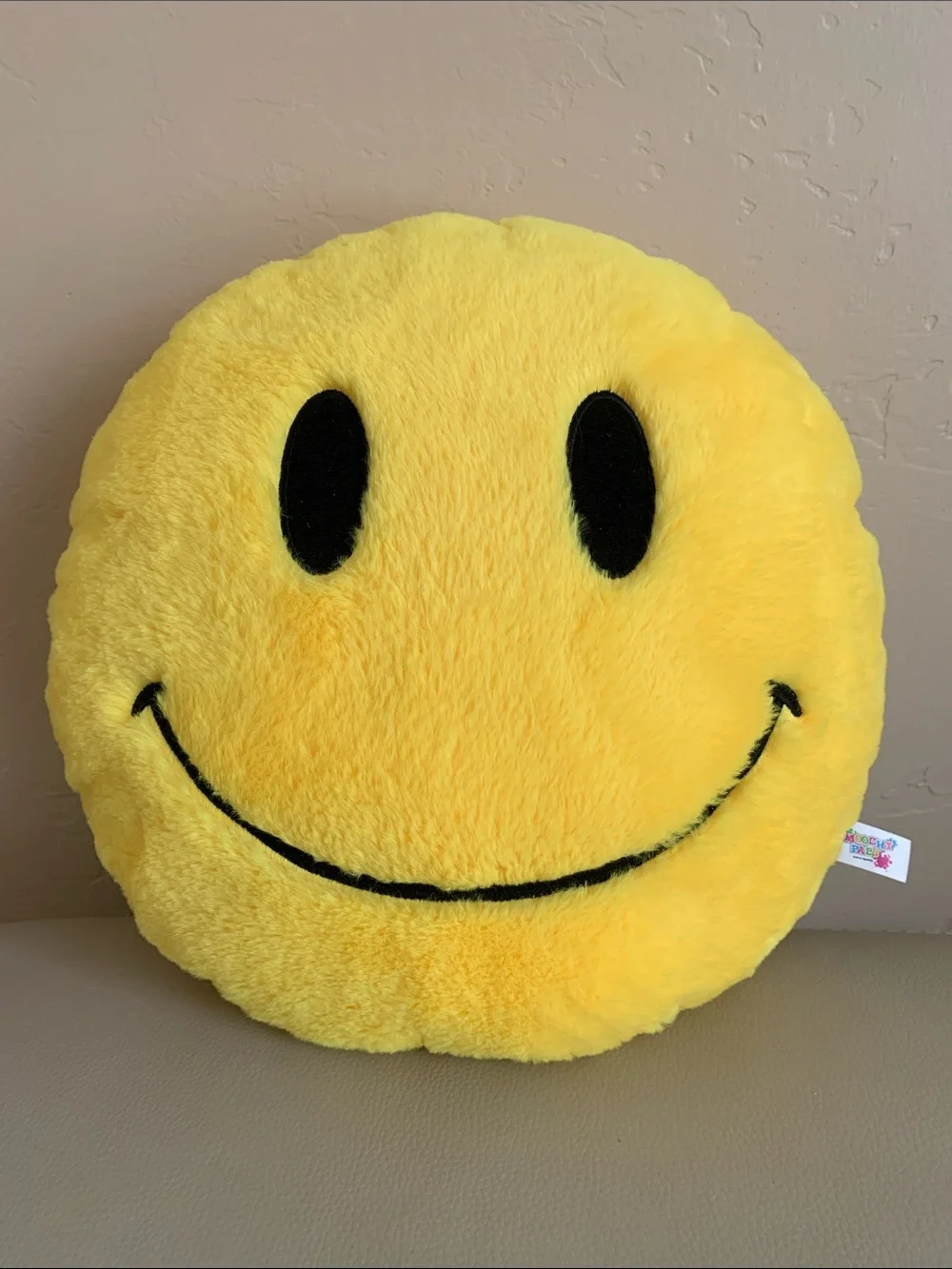 14” Yellow Smiley Face Plush Stuffed Pillow Toy